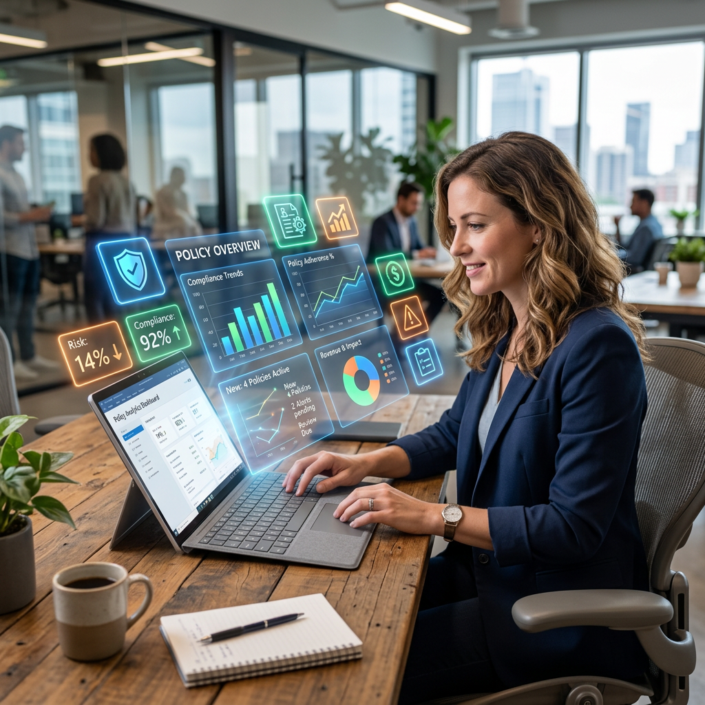 Businesswoman working on laptop with interactive policy overview and compliance data charts