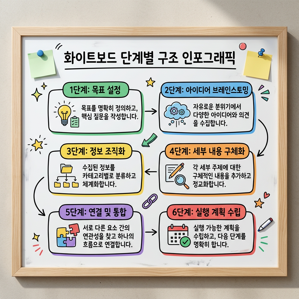 목표 설정, 아이디어 브레인스토밍, 정보 조직화, 세부 내용 구체화, 연결 및 통합, 실행 계획 수립 단계별 인포그래픽