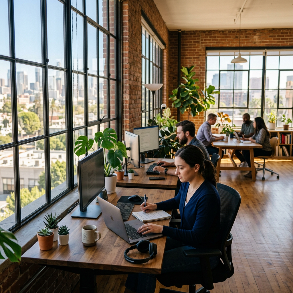 Office workers using computers and laptops at desks by large windows with city skyline view