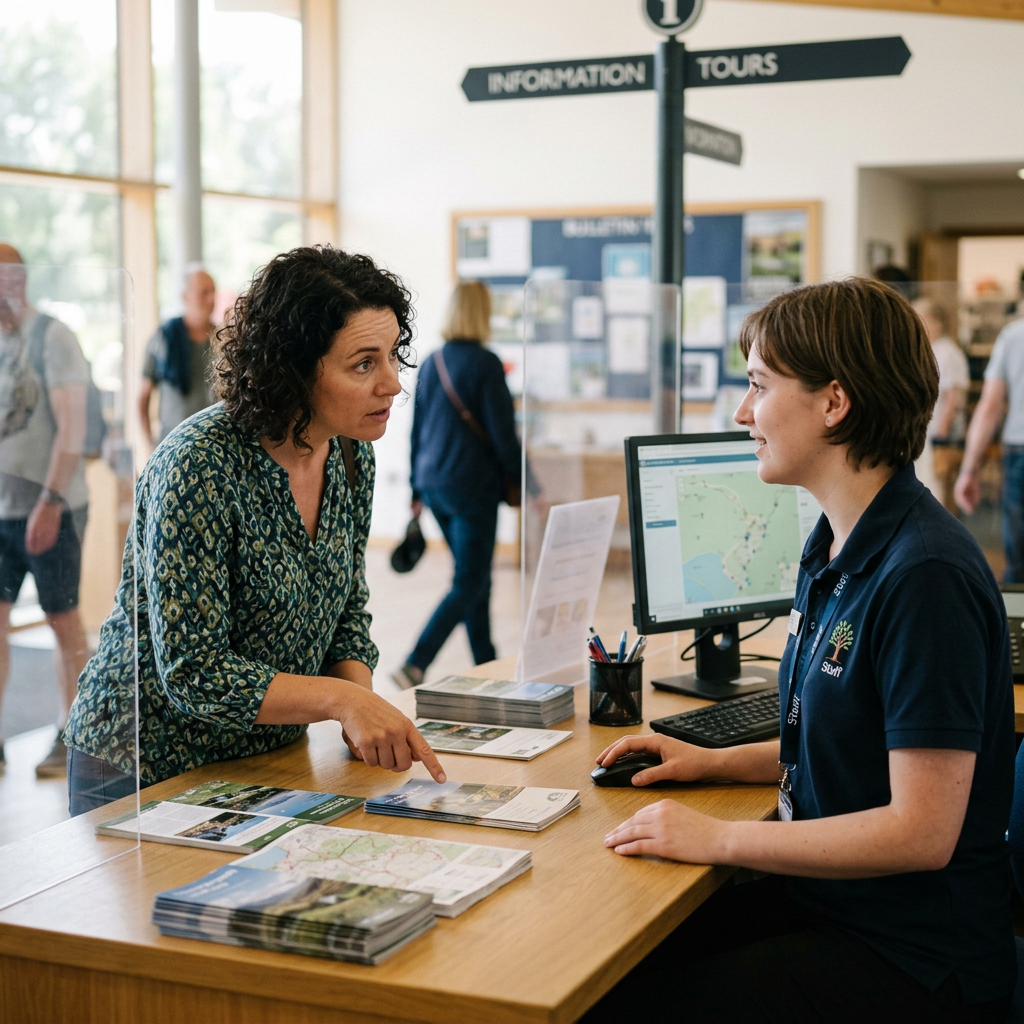 Visitor talking to staff at an information desk with maps and brochures