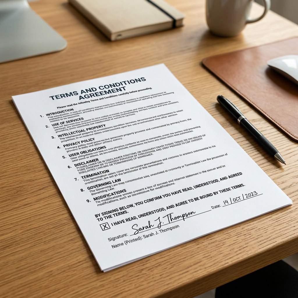 Signed terms and conditions agreement form with signature and date on wooden desk